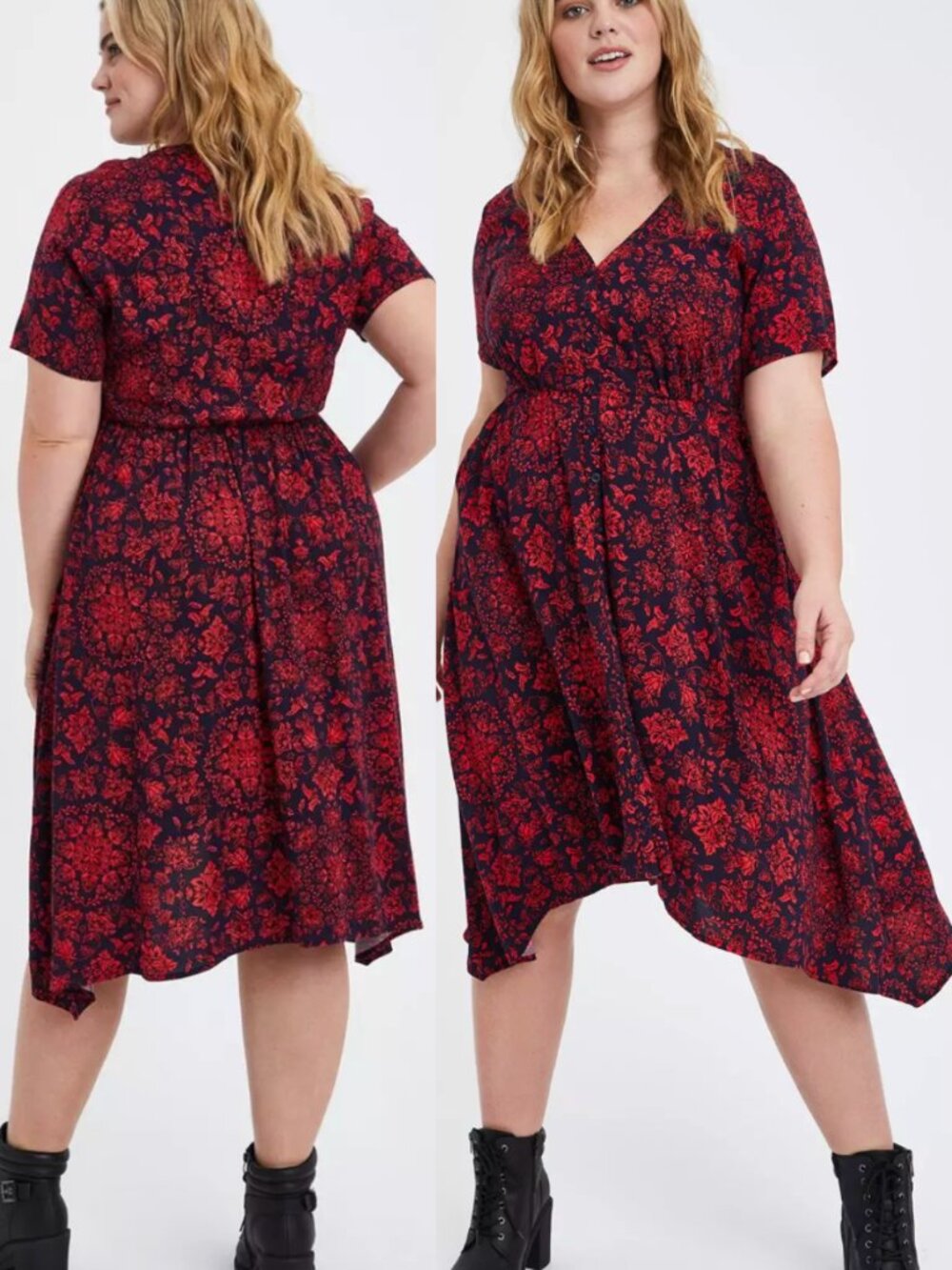TORRID 3 Plus Size Midi Challis Shirt Dress Navy Blue Red Geo Medallion Boho 3X